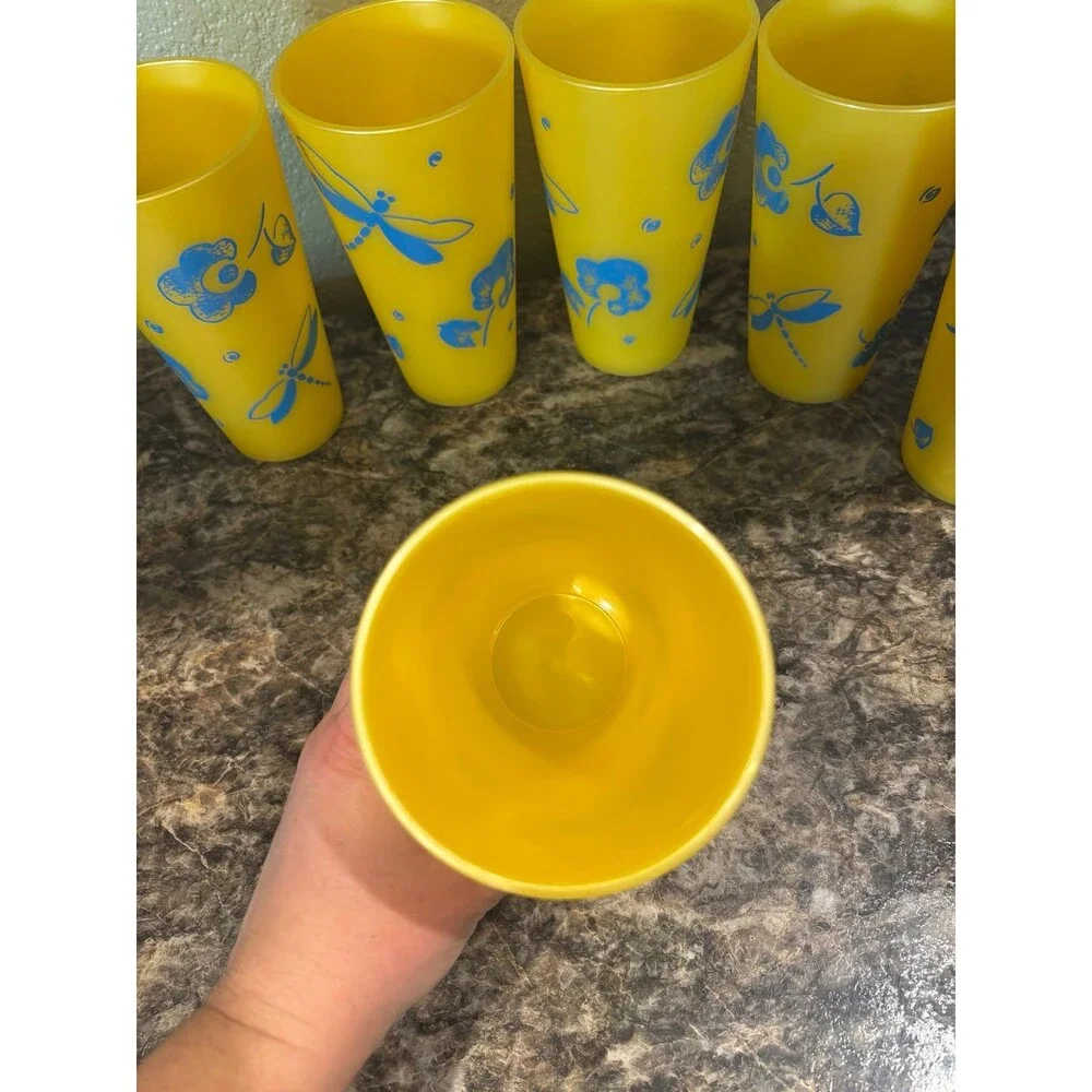 Thermo-serv USA vintage yellow blue dragonfly floral cup tumbler lot 20 oz mcm